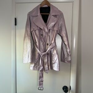 Dawn Levy Short Trench Coat Double Breasted Metallic Iridescent Purple Pink